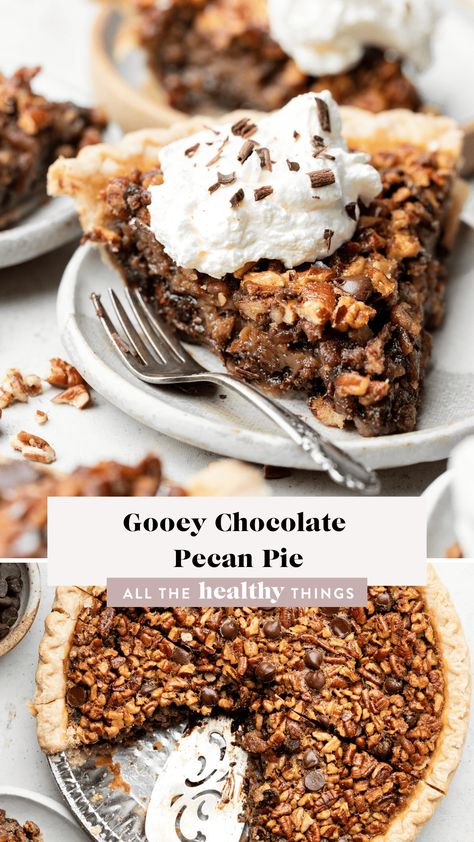 This Gooey Chocolate Pecan Pie is packed with plenty of fresh pecans, chocolate chips, and made entirely without corn syrup! This pie is so easy to make and is the perfect show stopping holiday dessert! Chocolate Chip Pecan Pie, Thanksgiving Tea, Thanksgiving Desserts Kids, Chocolate Chip Pie, Pecan Chocolate, Clean Baking, Bakery Items, Chocolate Pecan Pie, Thanksgiving 2024