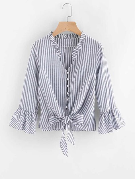 Contrast Striped Knotted Hem Frill Blouse | SHEIN USA Women Shirt Designs, Fall Shirts Women, Frill Blouse, New Blouse Designs, Fashion Tops Blouse, Trend Fashion, Kurta Designs, Blouse Online, Fall Shirts