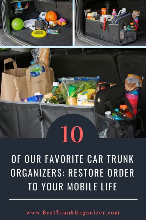 collage of messy car transformed into an organized trunk and cargo area Car Grocery Organizer, Minivan Trunk Organization, Suv Cargo Organization, Car Trunk Organization Ideas, Suv Storage Ideas Organizers, Trunk Organization Car, Suv Trunk Organization, Suv Storage, Grocery Organization