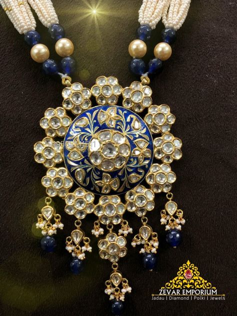 Blue meenakari is always a symbol of high taste and royal thoughts. Manufactured with 18mt fine gold and 24kt top studding. Syndicate diamond polki is used.  #jaipurpolki Contact on whatsapp- 919509511511                                         919602060080 Link  ZEVAREMPORIUM LEGACY -https://instagram.com/zevaremporium_legacy?igshid=10camxluztsv5  Web - www.zevaremporium.com  #polkipendant #jadaunecklace #jadaujewellery #bluemeenakari Blue Meenakari Jewellery, Jadau Set, Jadau Jwellery, Meenakari Jewellery, Jadau Jewellery, Wedding Jewelery, Pendent Set, Kundan Jewellery Bridal, Indian Wedding Jewelry Sets