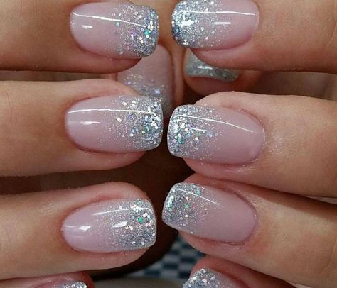 Ombre Glitter short nails design Shellac French Manicure With Glitter, Short French Nails With Glitter, Ombre Nails With Glitter Tips, Holiday Ombre Nails Sparkle, Round Nail Designs Short, French Tips For Short Nails, Ombre Glitter Nails Short, Short Nail Glitter, Hombre Glitter Nails