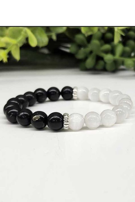 Meraki Gemstones Jewelry Shungite & Selenite Bracelet - Protection Men’s Gemstone Bracelets, Male Bead Bracelet, Male Beaded Bracelets, Male Bracelets Diy, Boys Beaded Bracelets, Beaded Bracelets For Boys, Selenite Bracelet, Boy Bracelets, Bracelets For Boys