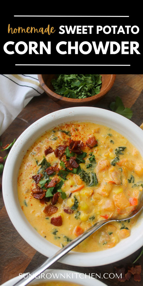 Sweet potato corn chowder topped with bacon. Sweet Potato Corn Chowder, Cooked Sweet Potato Recipes, Cheese Tortilla Soup, Simple Sweet Potato Recipes, White Sweet Potato Recipes, Sweet Potato Soups, Home Made Chicken Soup, Easy Sweet Potato Soup, Sweet Potato Chowder