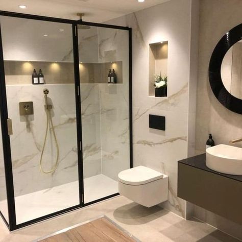 Bathroom Brushed Brass Fixtures, Brushed Brass Bathrooms, Matt Gold Bathroom Fixtures, Wall Flooring Ideas, Hotel Inspired Bathroom Luxury, Gold Detail Bathroom, Walk In Shower With Gold Fixtures, En Suite Bathroom Decor, Bronze Bathroom Tiles