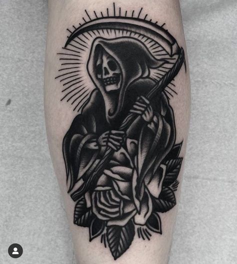 Traditional Tattoo Halloween, Old School Tattoo Sleeve, Tattoo Catalog, Grim Reaper Tattoo, Becoming A Tattoo Artist, Reaper Tattoo, Shape Tattoo, Traditional Tattoo Sleeve, Cool Chest Tattoos