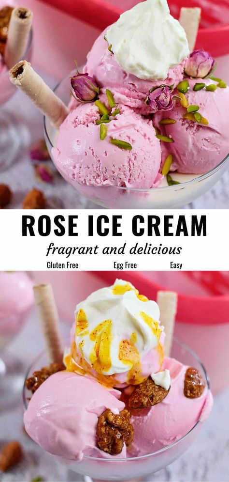 This rose ice cream is so creamy and irresistibly delicious. Experience the soothing, refreshing flavor of rose water in this frozen treat with our easy recipe. Enjoy it plain, with pistachios, or take it up a notch with candied nuts. Top with whipped cream and saffron honey if desired! #roseicecream #rosewatericecream #homemadeicecream Chia Ice Cream, Recipes With Rose Water, Rose Water Recipe Desserts, Rose Water Desserts, Rose Flavored Desserts, Rose Recipes Desserts, Rose Gelato, Rose Desserts, Saffron Honey