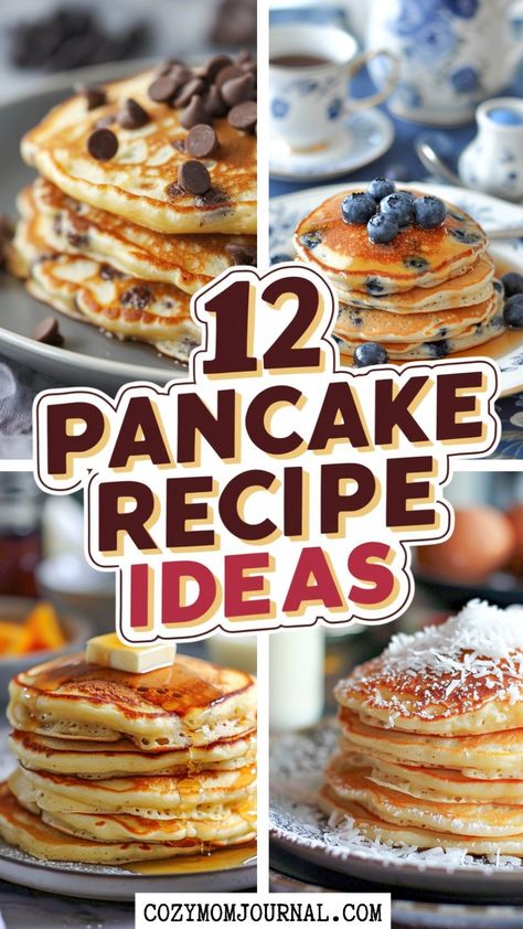 Stack of pancakes with various toppings like chocolate chips, blueberries, syrup, and coconut flakes, showcasing 12 recipe ideas. Homemade Breakfast Pancakes, Pancake Oatmeal Recipe, Pancake Mix Bread, Cafe Breakfast Menu Ideas, Easy Fun Breakfast Ideas, Specialty Pancakes, Pancake Alternative, Pancake Wraps, Monster Pancakes