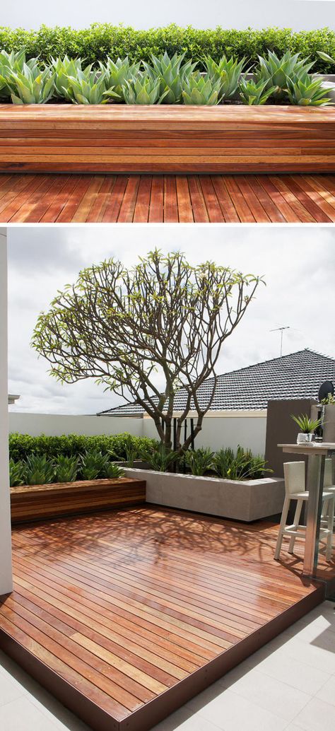 12 Ideas For Including Built-In Wooden Planters In Your Outdoor Space // These wood planters are made from the same wood as the rest of the deck in this backyard and make the space feel warm and inviting. Backyard Decks, Design Per Patio, Contemporary Deck, Small Patio Design, Wood Decking, Small Patio Decor, Terrasse Design, Wooden Deck, Contemporary Patio