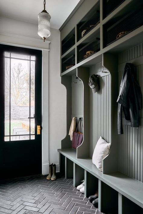 Brick flooring, built in lockers, and vintage lighting modernize this historic home while celebrating its past.   Design: Carly Ripp for Life of Plenty | Photo: Justin March Lockers In Laundry Room, Vintage Mudroom, Transitional Mudroom, Mud Room Laundry Room Combo, Built In Lockers, Brick Floor, Mudroom Lockers, Mudroom Entryway, Mudroom Laundry Room