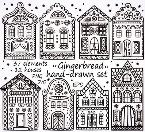 Vintage Christmas Village Illustration, Easy Gingerbread House Drawing, Ginger Bread Houses Drawing, Paper Gingerbread House Craft, Black Gingerbread House, Gingerbread Christmas Art, Gingerbread Houses Drawing, Gingerbread House Drawings, Gingerbread House Art Project