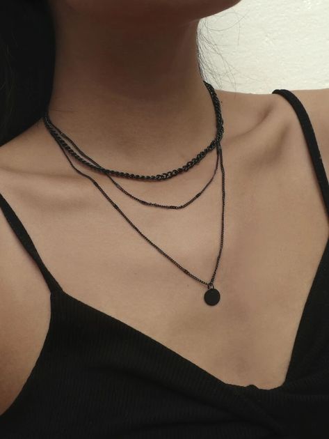 Disc Charm Layered Necklace | SHEIN Leather Chokers, Disc Pendant, Station Necklace, Faux Pearl Necklace, Black Chain, Black Necklace, Cute Necklace, Gold Tone Necklace, Pearl Choker