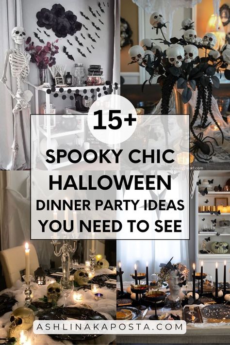 15+ Spooky Chic Unique Halloween Dinner Party Decor Ideas (that Your Guests Will Die For) — ASHLINA KAPOSTA Spooky Dinner Party Ideas, Black And Gold Halloween Party, Halloween Dinner Party Table Decor, Spooky Dinner Party Decor, Addams Family Dinner Party, Fancy Halloween Dinner Party, Halloween Brunch Decor, Witch Theme Dinner Party, Halloween Dinner Table Decor Dining Room