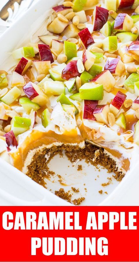 NO BAKE CARAMEL APPLE PUDDING - everyone LOVED this pudding! #recipes #easyrecipes #sidedish #nobake #thanksgivingrecipes #halloweenrecipes #caramelapple #apples #caramelrecipes #pudding #dessert Caramel Apple Pudding, Baked Caramel Apples, Apple Pudding, Apple Chips Baked, Baked Caramel, Caramel Pudding, Pudding Dessert, Slow Cooker Desserts, Healthy Vegan Snacks