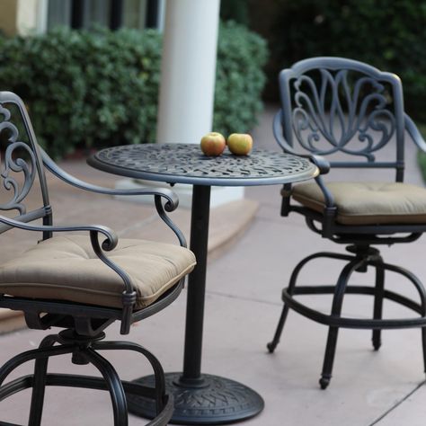 Darlee Elisabeth 3 Piece Cast Aluminum Patio Counter Height Patio Bar Set With Swivel Bar Stools available at Ultimate Patio. A signature... Cast Aluminum Patio Furniture, Outdoor Bar Sets, Aluminum Patio Furniture, Pub Set, Patio Bar Stools, Patio Bar Set, Bar Patio, Outdoor Bar Table, Aluminum Patio