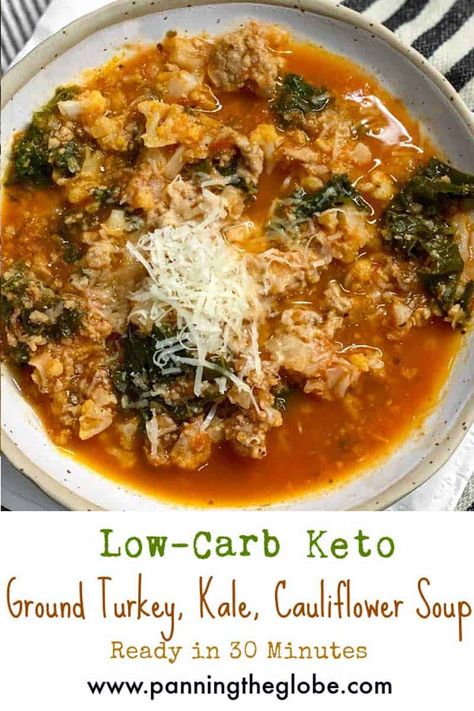 Ground turkey, kale and cauliflower rice are used to make this quick and easy, healthy, scrumptious, keto Turkey Vegetable Soup. #DinnerSoup #TurkeySoup #GroundTurkeySoup #SoupRecipe #KetoRecipe Raos Recipes Dinners, Turkey Vegetable Soup, Ground Turkey Soup, Dinner Rotation, Weekly Dinner, Healthy Turkey, Turkey Soup, Vegetable Soup Recipes, Soup Dinner