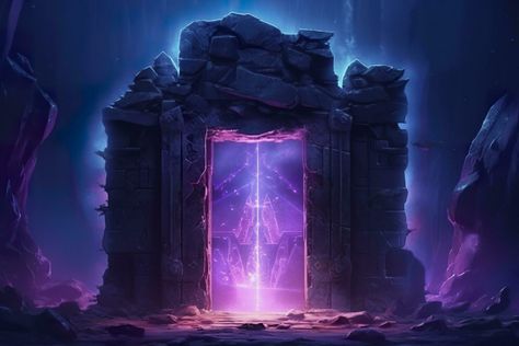 Fantasy night landscape with magical power, ancient stones with magical power and light, runes. Passage to another world, magic door, light, neon. AI Generative Portal Superpower, Magic Portal Fantasy Art, Magical Doors Portal, Magical Portal Fantasy Entrance, Ancient Portal, Fantasy Night, Magic Portal, Magic Door, Door Light