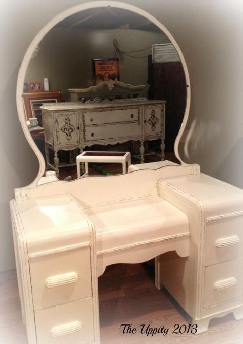 Waterfall Vanity Painted in Annie Sloan Chalk Paint Old White Waterfall Furniture, Waterfall Vanity, Vanity Makeover, Newnan Ga, Dressing Table Vanity, Vintage Dressing Tables, Antique Vanity, Chalk Painting, Shabby Chic Dresser