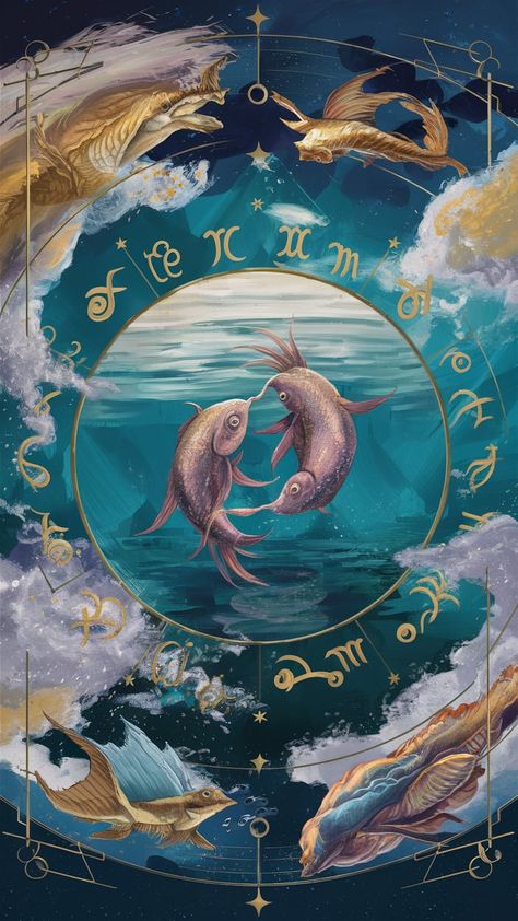 Dive into the enchanting world of Pisces with this stunning zodiac wallpaper. Featuring two graceful fish amidst a calming sea, this artistic blend of Impressionism and Art Deco showcases swirling constellations and stardust. Perfect for astrology lovers, this masterpiece brings elegance and mystery to your space. Ideal for home decor, wall art, and astrology enthusiasts. #ZodiacWallpaper #PiscesArt #AstrologyDecor Pisces Painting, Pisces Constellation Art, Pisces Zodiac Art, Pisces Wallpaper, Pisces Aesthetic, Zodiac Wallpaper, Pisces Constellation, Zodiac Art, Pisces Zodiac