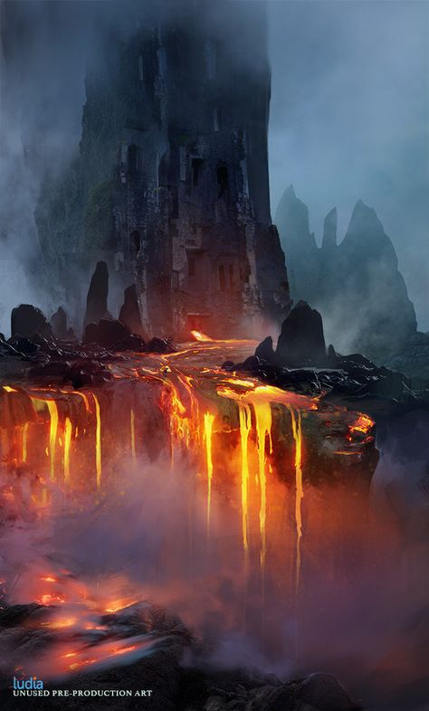 Volcano Environment Concept Art, Volcanic Fantasy City, Volcanic Landscape Fantasy Art, Volcano Village Fantasy Art, Lava Landscape Concept Art, Volcano Island Concept Art, Volcano Town Fantasy Art, Fire Planet, Volcanic Terrain