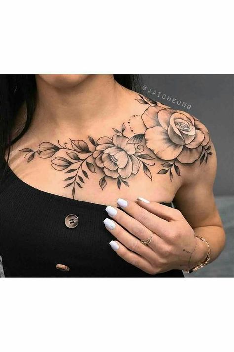 Rose Tattoo Shoulder, Floral Tattoo Shoulder, Piece Tattoo, Tattoos For Women Flowers, More Tattoo, Flower Tattoo Shoulder, Mother Tattoos, Chest Tattoos For Women, Chest Piece Tattoos