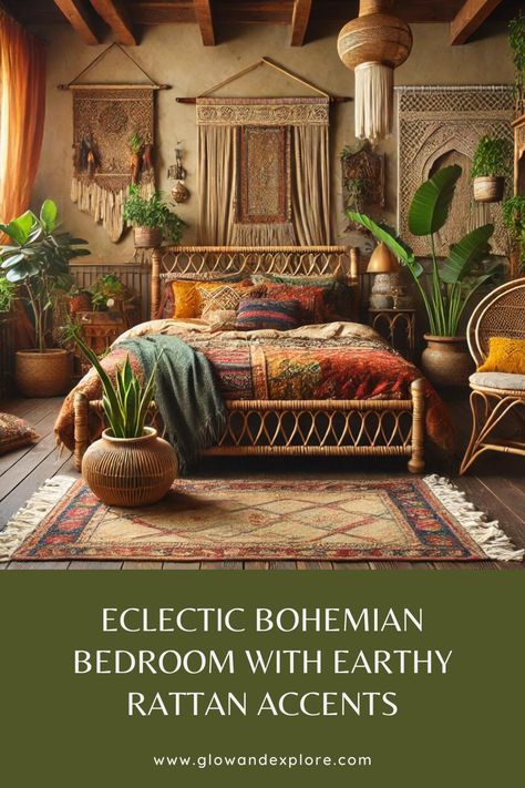 This bedroom combines vintage bohemian style with modern coastal elements, featuring a rattan bed, warm earthy tones, and lush greenery for a cozy, eclectic retreat. 🌿 #ModernCoastalDecor #BohemianStyle #RattanFurniture #BedroomInspiration Cozy Bohemian Bedroom, Cozy Eclectic, Cozy Bohemian, Earthy Decor, Modern Coastal Decor, Rattan Bed, Vintage Bohemian Style, Coastal Vibes, Beach Cottage Decor