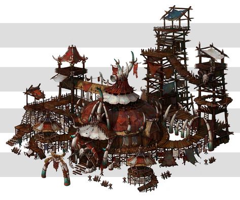 Fantasy Orc Village, Orc Architecture, Goblin Village Concept Art, Orc Building, Orc Village, Mining Town Concept Art, Orc Fortress, Orc Camp, Fortress Concept Art