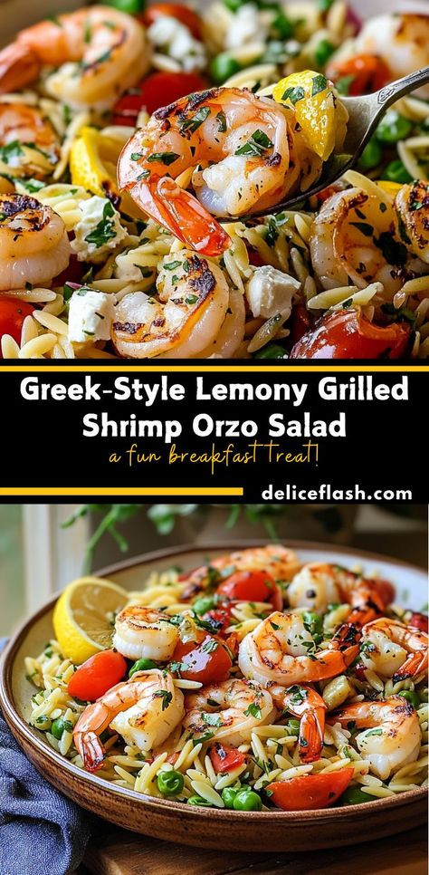 This Greek-Style Grilled Shrimp Orzo Salad is bursting with fresh Mediterranean flavors. Juicy grilled shrimp, lemony orzo, fresh vegetables, herbs, and tangy feta make it a bright and refreshing dish perfect for any meal Pasta Salad With Orzo, Greek Shrimp Bowl, Mediterranean Shrimp Salad, Orzo Shrimp Recipes, Shrimp Mediterranean Recipes, Shrimp Orzo Salad, Lemony Orzo, Greek Shrimp, Shrimp Orzo