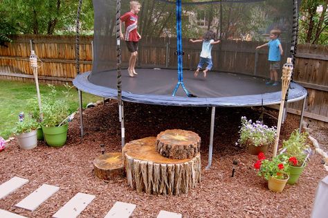 "C" is for Crafty: Tree Stump Trampoline Steps                                                                                                                                                     More Trampoline Steps, In Ground Trampoline, Large Backyard Landscaping, Backyard Trees, Patio Grande, Backyard Trampoline, Best Trampoline, Large Backyard, Backyard Playground