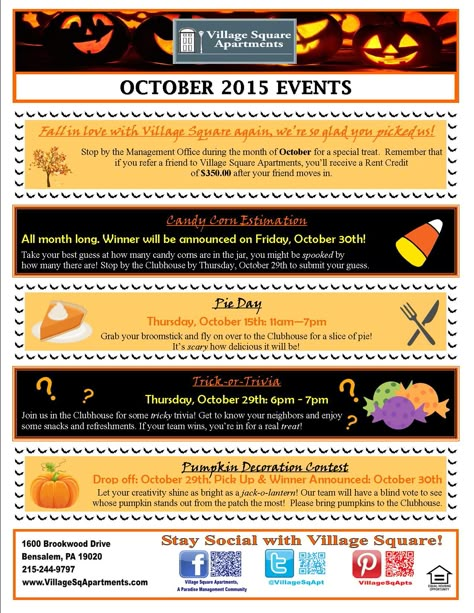 October Events For Residents, Resident Events Ideas Apartments Fall, Thanksgiving Resident Event Ideas, October Resident Event Ideas, Halloween Resident Events, Fall Resident Events Ideas Apartments, October Resident Events, Resident Events Property Management, Apartment Activities