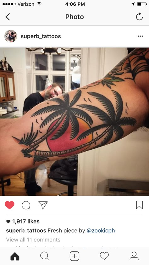 American Traditional Sunset Tattoo, Traditional Beach Tattoo, Traditional Palm Tree Tattoo, Tree Tattoo Black, Tank Tattoo, Traditonal Tattoo, Black People Tattoos, Navy Tattoos, Filler Tattoo