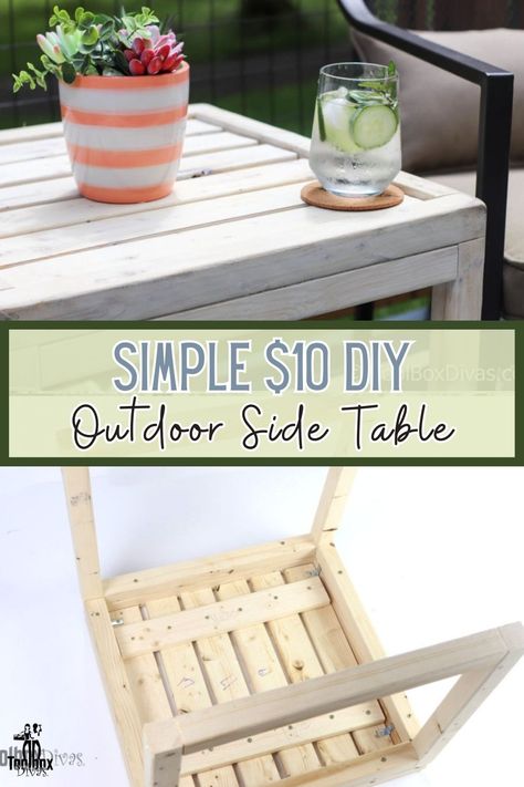 I needed a simple outdoor side table to add to my outdoor living space. Check out this super simple $10 DIY outdoor side table I put together to solve my needs. Outdoor Wood Side Table, Diy Small Outdoor Table, Easy Side Table Diy, Patio Side Table Diy, C Table Diy, Easy Diy Patio Furniture, Outdoor Side Table Diy, Diy Small Table, Diy Patio Side Table