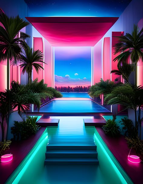 Fantasy vaporwave neon landscape Shifting Wr, Vaporwave House, Vaporwave Pool, Liminal Vaporwave, Vaporwave Nostalgia, Liminal Space Art, Pool With Palm Trees, Neon Pictures, Ubu Roi