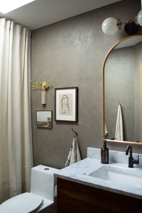 Tour Our Kid's Bathroom | BREPURPOSED Moody Limewash Bathroom, Antique Modern Bathroom, Dark Taupe Bathroom, Neutral Aesthetic Bathroom, Organic Modern Small Bathroom, Urban Bronze Bathroom, Lime Wash Bathroom, Roman Clay Bathroom, Vintage Bathroom Wall Decor