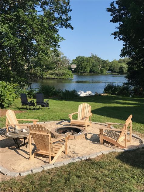 Done! Belgian blocks and sand fire pit with Adirondack chairs Fire Pit With Sand, Sand Fire Pit, Fire Pit With Adirondack Chairs, Sand Fire Pits, Lakeview House, Cabin Landscaping, Belgian Block, Paver Sand, Backyard Dining