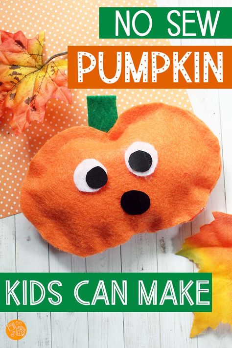 Super cute DIY no sew pumpkins that the whole family can do! This is a fun Halloween craft for kids and makes a great Halloween party activity too. Easy for kids to make and looks adorable as a DIY Halloween decoration too! #halloween #pumpkins #kidscrafts #DIY Fun Halloween Projects For Kids, Build Your Own Pumpkin Craft, Felt Pumpkin Crafts For Kids, October Craft Ideas For Seniors, Pumpkin Crafts For Kids Elementary, Fall Decor Crafts For Kids, Simple Pumpkin Craft, No Sew Pumpkins Diy, Mini Pumpkin Crafts For Kids