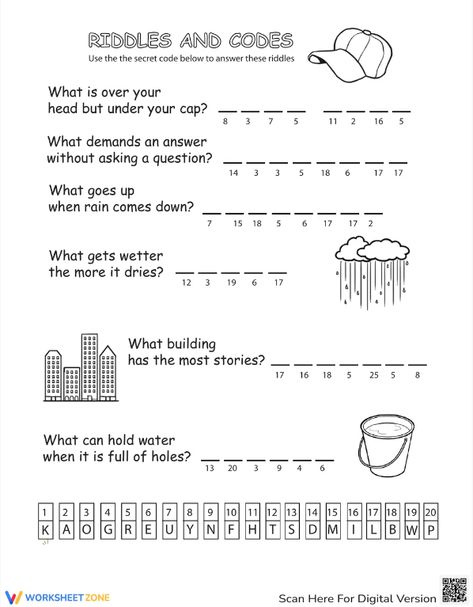 What is both interesting and challenging? The Riddles and Codes worksheet is packed with challenging puzzles. Solve each puzzle by rearranging the letters in the answer. Download the PDF file and try the worksheet at the link above! #math #mathworksheet #crackthecode #puzzle #sudoku #game #secretcodes #numbers #keys #offlinegames #decipher #answer #questions #worksheet #printables #objects 3rd Grade Riddles, Secret Code Worksheet, Maths Riddles, English Games For Kids, Fill In Puzzles, Sound Activities, Riddle Puzzles, Letter Sound Activities, Early Science