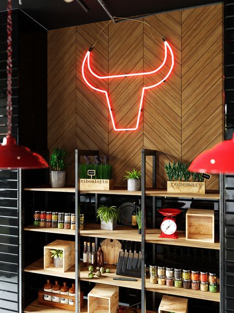 DELI MARKET on Behance Butcher Store, Neon Sign Home Decor, Meat Store, Store Shelves Design, Bakery Design Interior, Supermarket Design, Neon Signs Home, Meat Shop, Wall Decor Lights