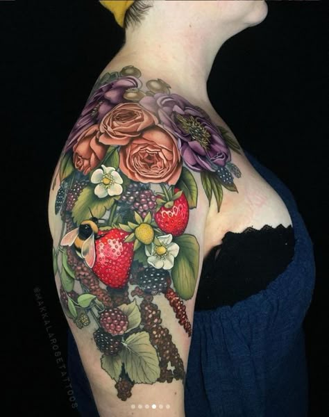 English Garden Tattoo, Floral Tattoos Color, Leg Tattoos Women Color, Colorful Nature Tattoos, Full Coverage Tattoo, Floral Sleeve Tattoo Color, Vintage Tattoos For Women, Fruit Tattoos, Strawberry Tattoos