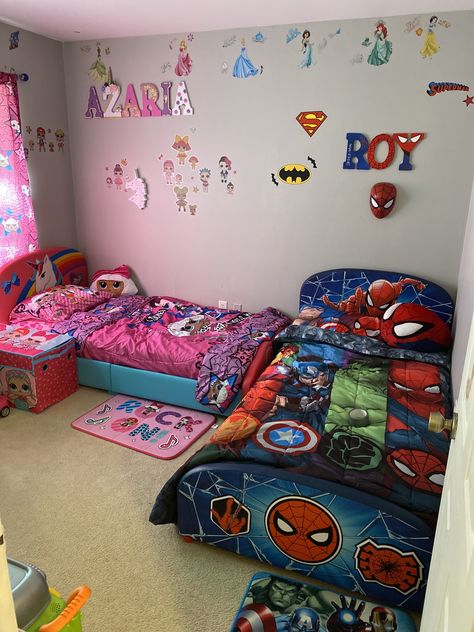 Room For Two Brothers, Twin Toddler Room Ideas, Brother And Sister Shared Room Ideas, Little Kids Room Ideas, 2 Boy Bedroom Ideas, Boy And Girls Shared Room, Two Beds In One Room Ideas Kids, Coed Bedroom Kids Shared Rooms, Mom And Toddler Room Ideas Shared