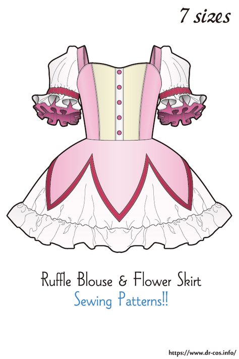 This is the pattern of Ruffle Blouse & Flower Skirt. cm size(A4 size) Children's-140/Ladies'-S,M,L,LL/Men's-L,LL At present, only Japanese. Added the number of fabric meters required for each size Blouse Sewing Tutorial, Cosplay Pattern Free Sewing, Cosplay Sewing Patterns Free, Japanese Sewing Patterns Free, Free Blouse Pattern, Cosplay Sewing Patterns, Skirt Sewing Patterns, Cosplay Patterns, Cosplay Sewing