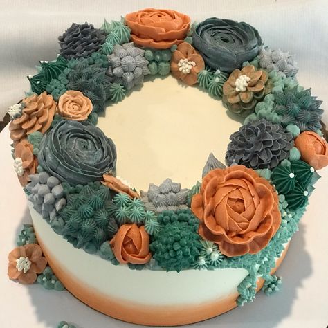 Orange And Green Cake, Blush Cupcakes, Wedding Cake Teal, Succulent Wedding Cake, Floral Cake Design, Succulent Cake, Buttercream Cake Decorating, Green Cake, Succulent Wedding