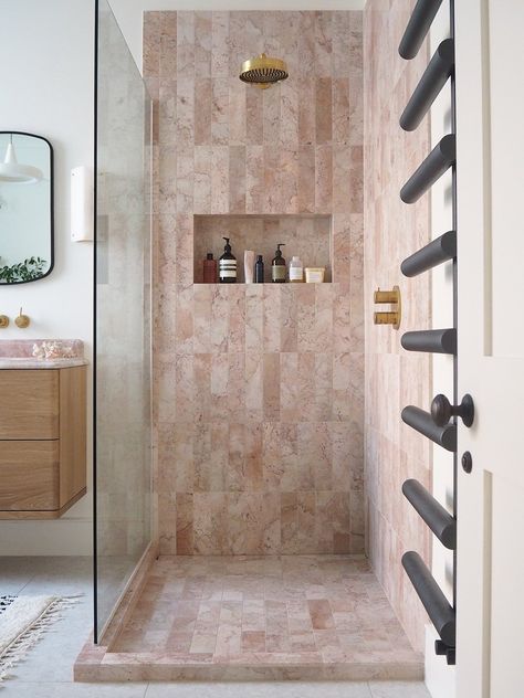 Pink Marble Bathroom, Pink Tile Bathroom Ideas, Shower Floor Tile Ideas, Pink Tile Bathroom, Bathroom Moodboard, Contemporary Sconces, Honed Marble Tiles, Mandarin Stone, Marble House