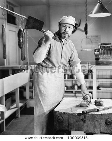 Butcher chopping meat with cleaver by Everett Collection, via Shutterstock Meat Butcher, Meat Markets, Chef Wear, Butcher Shop, Best Stocks, Working People, Photo Print, Old Pictures, Aesthetic Photo