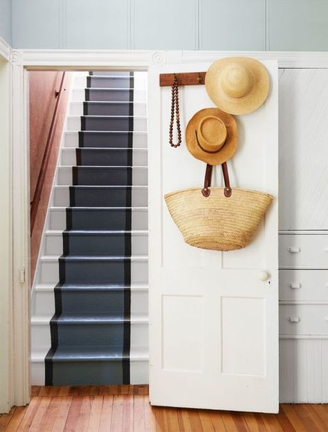 Wood, Stairs, Floor, Flooring, Hardwood, Wood flooring, Wood stain, Laminate flooring, Wall, Hat, Diy Painted Floors, Stairs Home, Country Kitchen Flooring, Striped Stair Runner, Farmhouse Decorating Ideas, Farmhouse Renovation, Farmhouse Decorating, Rustic Room, Painted Stairs