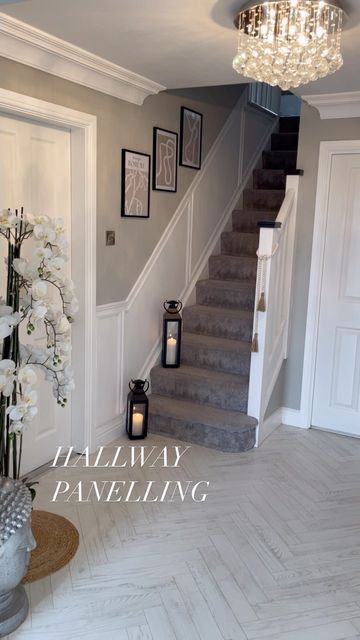 Grey Herringbone Floor Hallway, Hallway Ideas Grey And White, Grey White Hallway, Two Tone Hallway Ideas, Grey Panelling Hallway, Herringbone Hallway Floor, New Build Hallway, Hallway With Panelling, Herringbone Floor Hallway