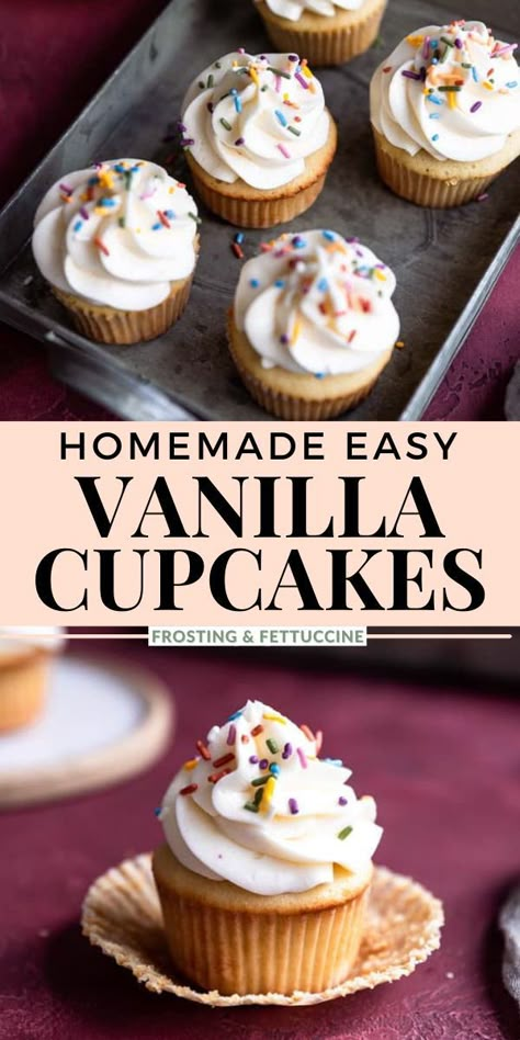 These Homemade Easy Vanilla Cupcakes are fluffy and moist and can be customized with your favorite frostings or toppings! Such a simple dessert recipe. Plus, they’re made with cake flour, so they’re super light, airy, and delicious! Along with cake flour, all you’ll need is simple baking ingredients to whip up a batch of these easy vanilla cupcakes! Cupcakes With Cake Flour, Vanilla Cupcakes No Butter, Cake Flour Cupcakes, Vanilla Cupcakes Easy, Easy Homemade Cupcake Recipes, Cake Flour Cupcakes Recipes, Vanilla Cupcakes From Scratch, Cupcake Recipes Vanilla, Vanilla Frosting For Cupcakes