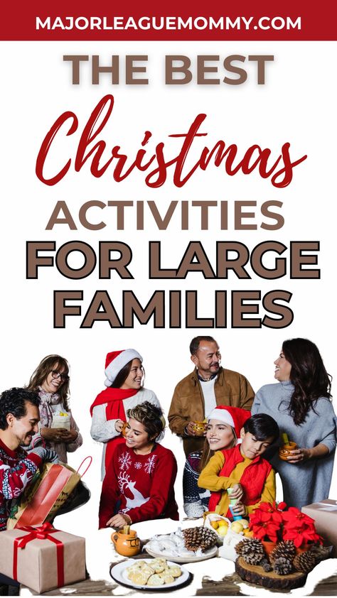 Celebrating the holidays with a large family can be quite a task (and it can get super expensive as well). But the good news is, that there are many Christmas activities for large families that will create those special moments without breaking the bank. Follow Major League Mommy for even more tips like this! Christmas Activities For Large Groups, Christmas Ideas For Big Families, Extended Family Christmas Party Ideas, Family Gathering Activities, Family Christmas Get Together Ideas, Games For Large Family Gathering, Large Family Christmas Party Ideas, Family Christmas Party Ideas, Family Bingo Night