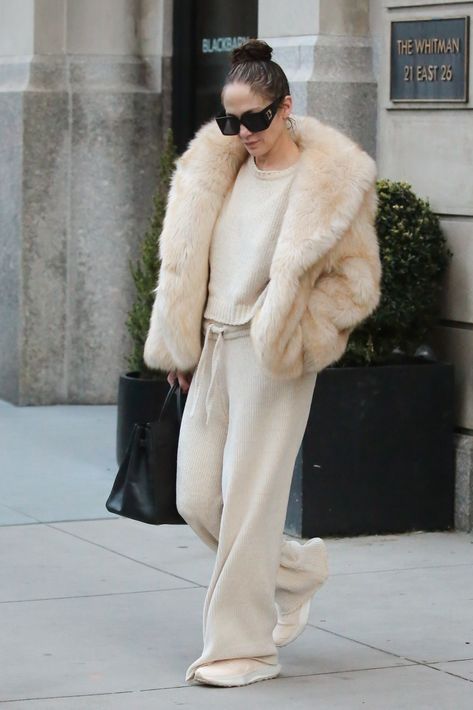 Jennifer Lopez Pairs Pajamas With Fur Coat and a Birkin Bag | Marie Claire Neutral Pajamas, Taupe Outfit, Jennifer Lopez Outfits, Jennifer Lopez Hair, J Lo Fashion, Pajama Outfit, Fashion Aesthetics, Summer Fashion Outfits, Style Mistakes