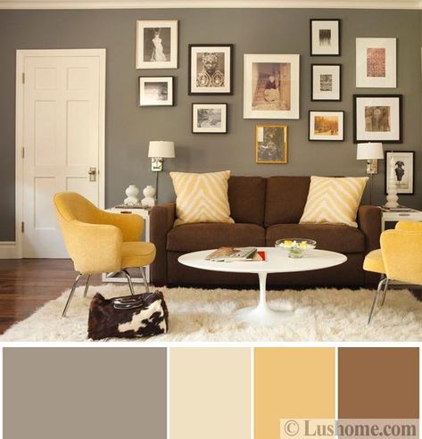 Sunny Yellow and Brown Colors Inspired by Delicious and Healthy Holiday Treats Yellow Walls Living Room, Grey And Yellow Living Room, Blue Bedroom Colors, Grey And Brown Living Room, Living Room Turquoise, Edit Image, Brown Living Room Decor, Happy Yellow, Brown Color Schemes