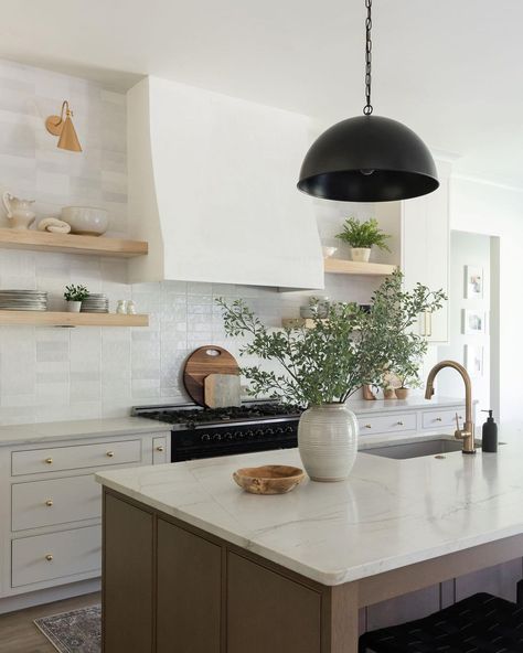 Bedrosians Tile and Stone (@bedrosianstile) posted on Instagram: “Happy Weekend! ❤️ Love how @kindandabell used warm wood tones + white Cloe in this beautiful kitchen. Photo by @rubyandpeachphoto” • Oct 30, 2021 at 2:00pm UTC Lights Boho, Light Grey Kitchen Cabinets, Brushed Nickel Kitchen Faucet, Ceiling Kitchen, Bedrosians Tile, Off White Kitchens, Kitchen Island Lights, Interior Design Games, White Kitchen Island